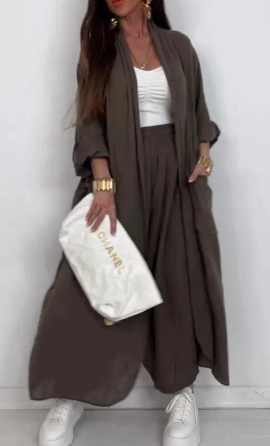 Women Solid Lazy Style 2-Piece Set Cardigan Long Sleeve Shirt+ Wide Leg Pant Suit Elegant two Piece. S-3X