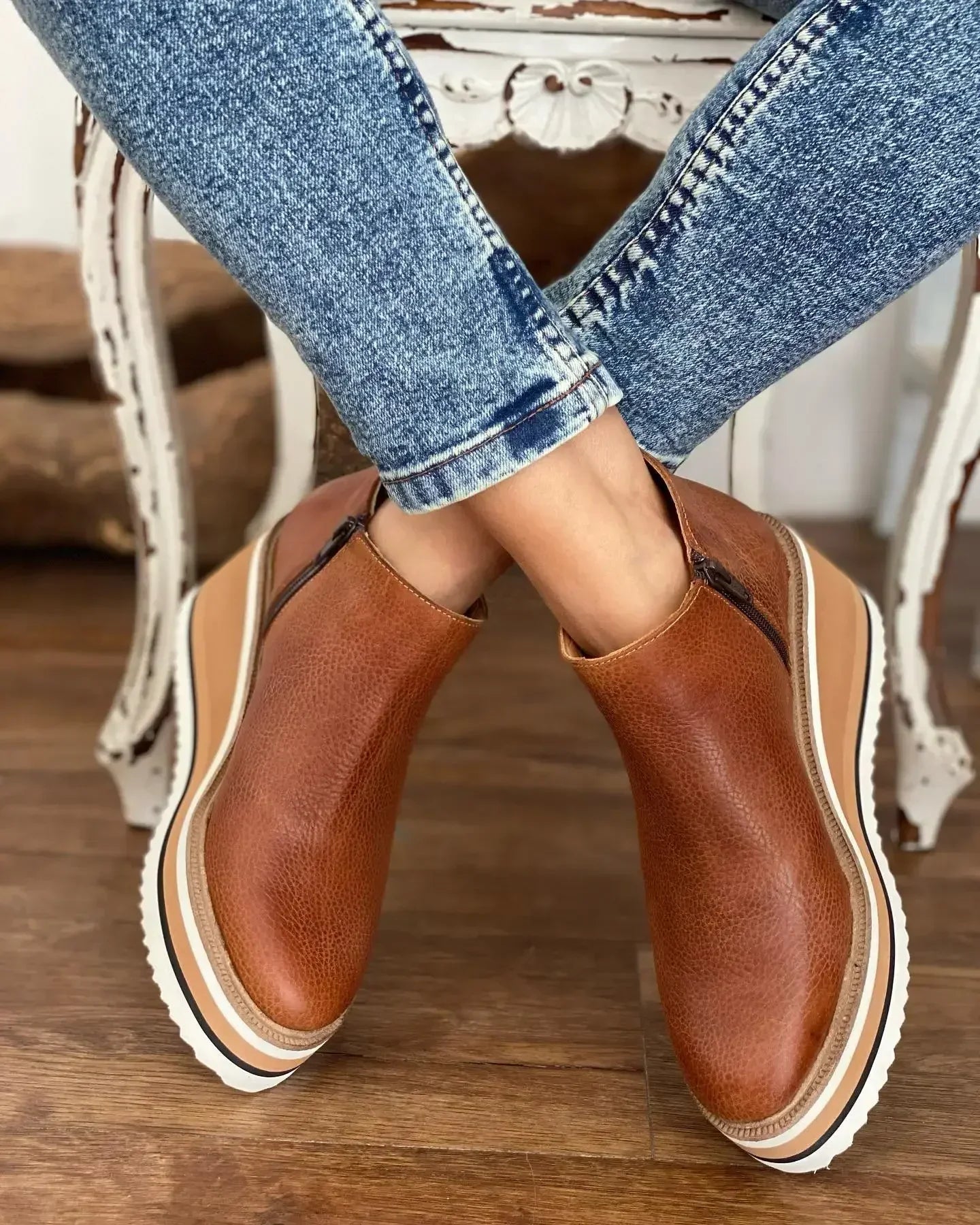 Wedges Women's Ankle Platform Booties Comfortable Zipper Leather Shoes