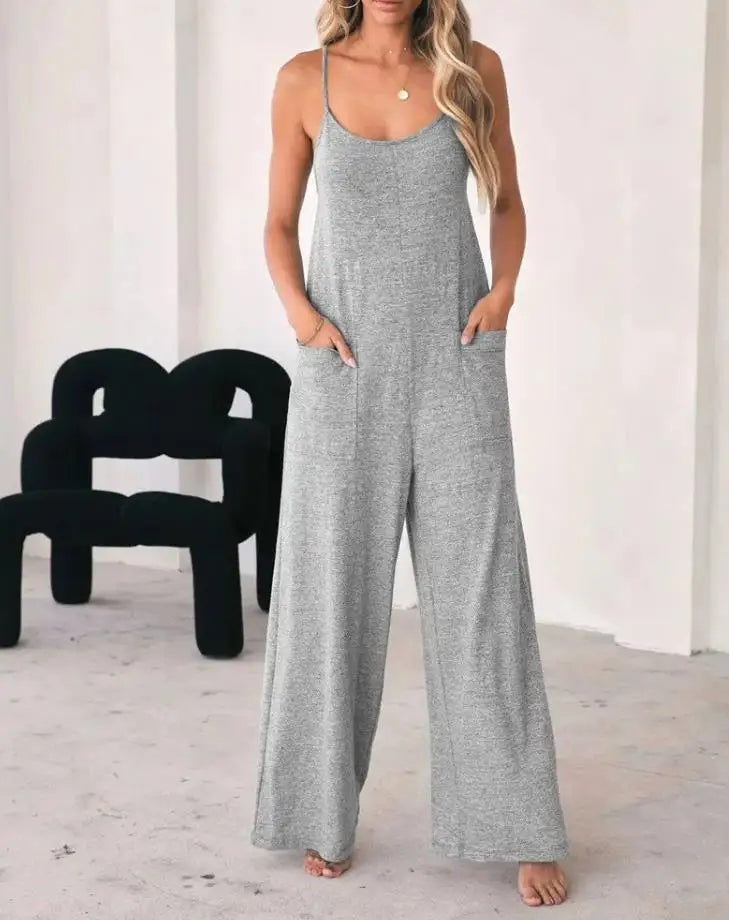 Jumpsuit For Women Fashion Grey Pocket Design Spaghetti Strap Casual Daily Loose Wide Leg Jumpsuit. S-XL