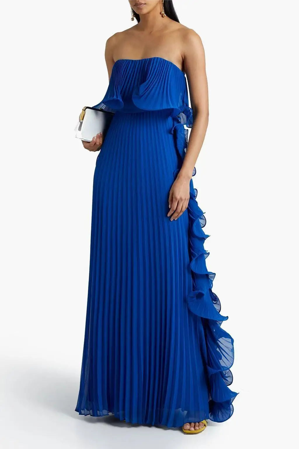 Trendy Women Summer Holiday Dress Pleated Chiffon Long Formal Dress ruffled Strapless Party Dress. S-2X