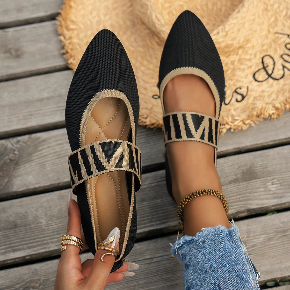 Knitted Color-block Women's Flat Shoes Casual striped straps Pointed Toe Loafers.
