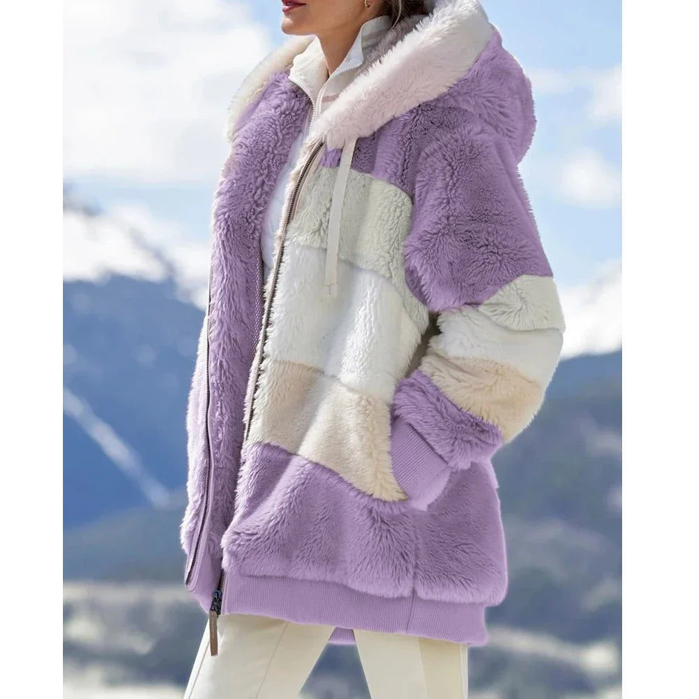 Fashionable Women's Hooded Zipper Spliced Thick Cashmere Plaid Jacket. Sz S-5XL