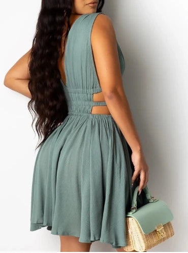Flattering High Waist Sleeveless V-Neck Solid Elegant Party Mini Dress. Sz S-2X