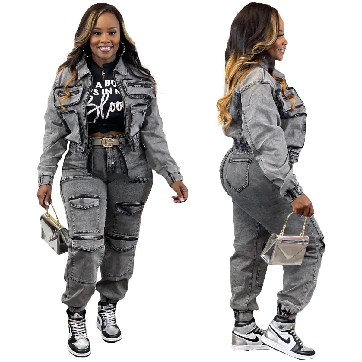 Ladies Long Sleeve Zipper Denim Cargo Ankle Length Pocket Pant Set. S-2x