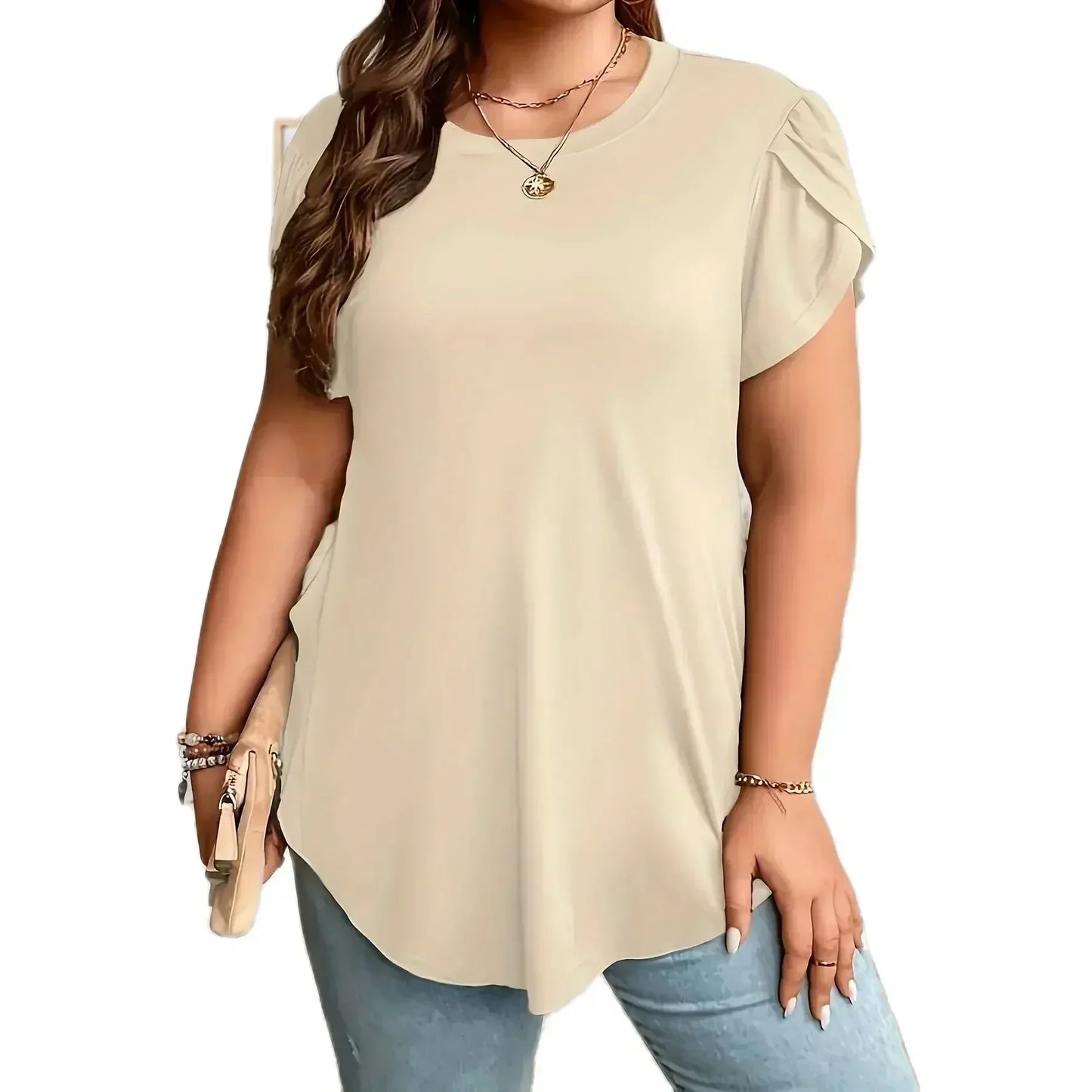Women Plus Petal Sleeve Curved Hem Shirt Fashionable Style