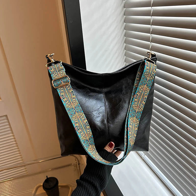 Versatile Geometric Strap Shoulder Bag Large Capacity Cross-body Retro Pu Leather Women's Bag