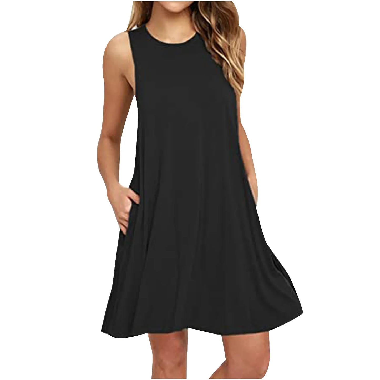 Summer Casual T Shirt Casual Dress Or Beach Cover up Plain Pleated Tank Pocket Dress