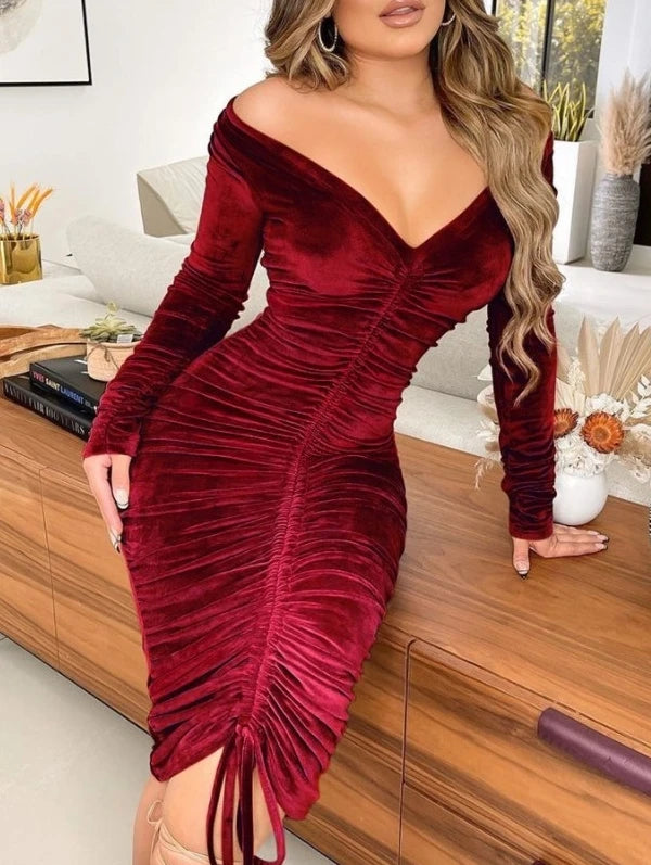 Elegant Dress for Women Long Sleeve Tight V-Neck Golden Velvet Sexy Party Night Out Dress. S-2x