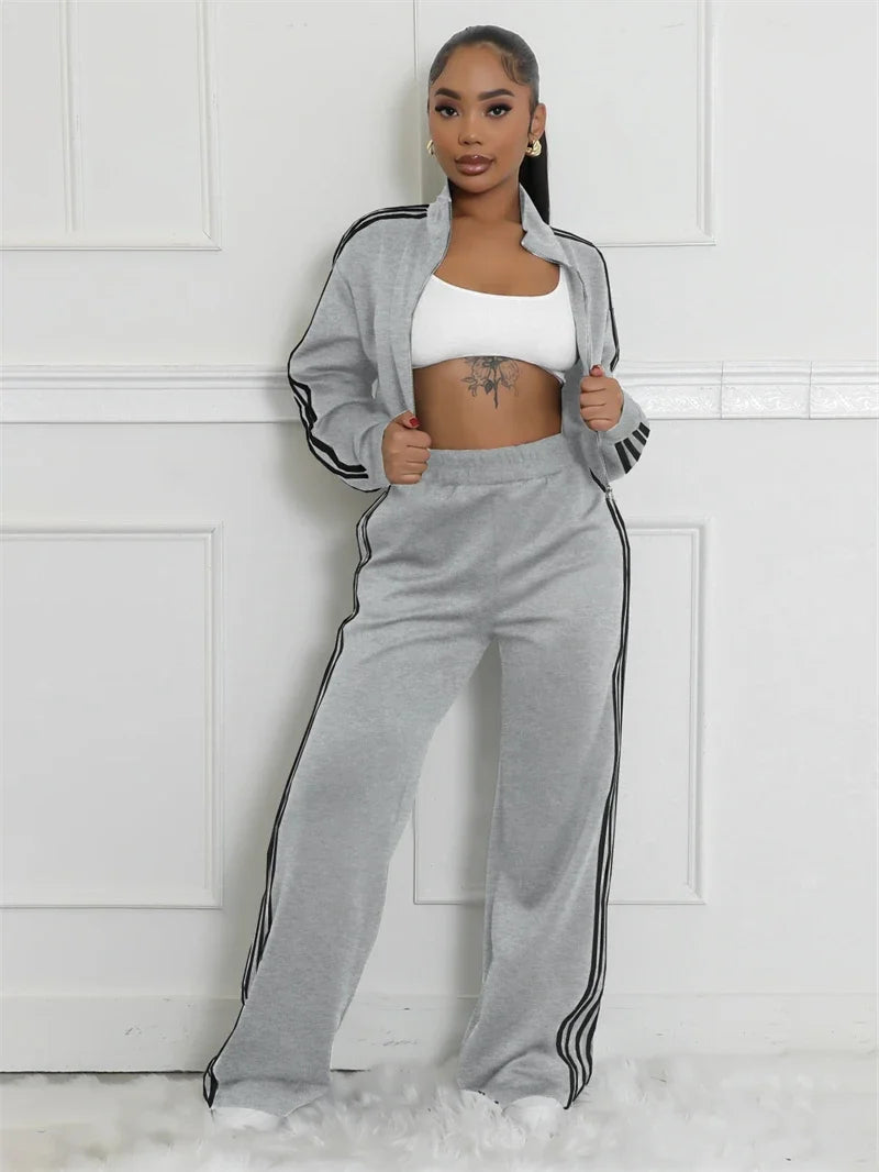 Streetwear 2 Piece Sets Women Outfit Side Striped Crop jacket and Pant Set Casual Sweatsuit. S-2X