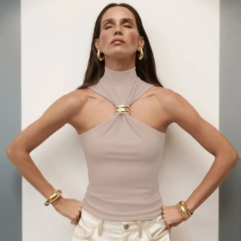 Fashion Metal Ring Tank Top Women 2025 Summer Y2k Solid Sleeveless Slim Party Elegant Top. S-XL