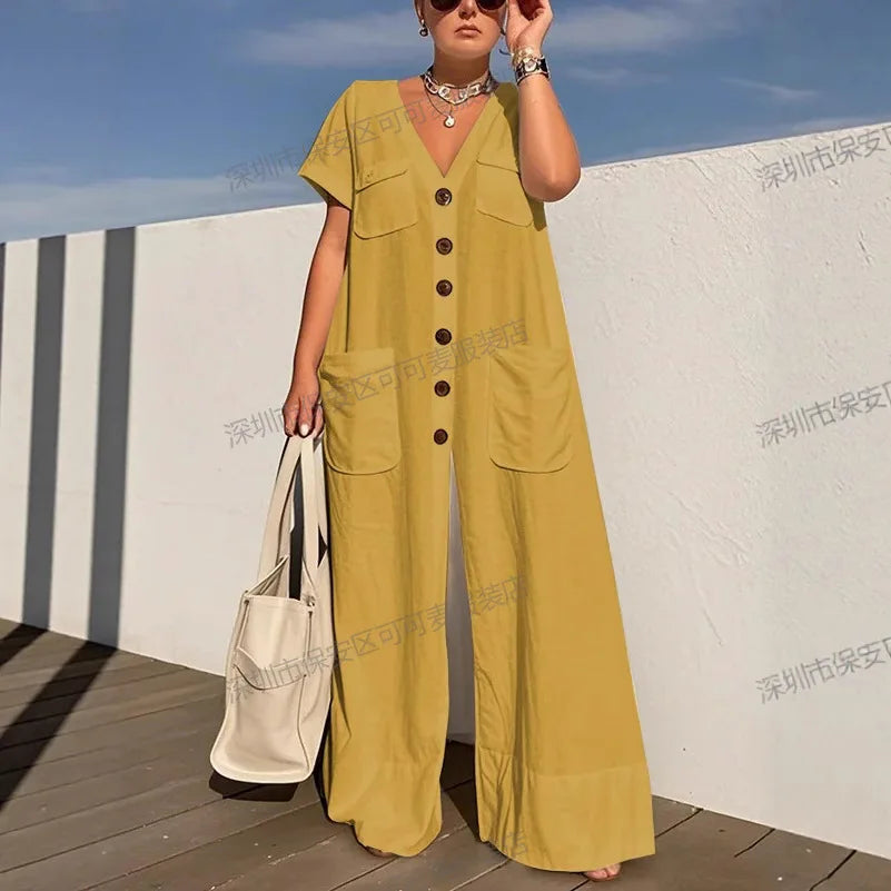 New Summer V-neck Single-breasted Women's Jumpsuits Fashion Pocket Elegant Rompers Casual Loose Oversized Women Jumpsuit. S-2X