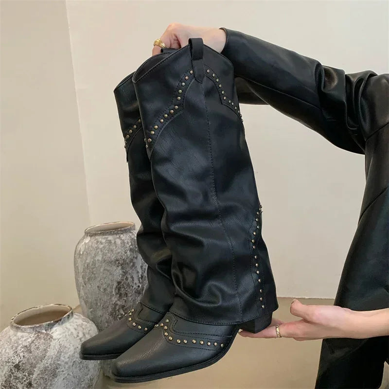 Woman Cowgirl Boots Fashion Slip On Elegant Square Heel