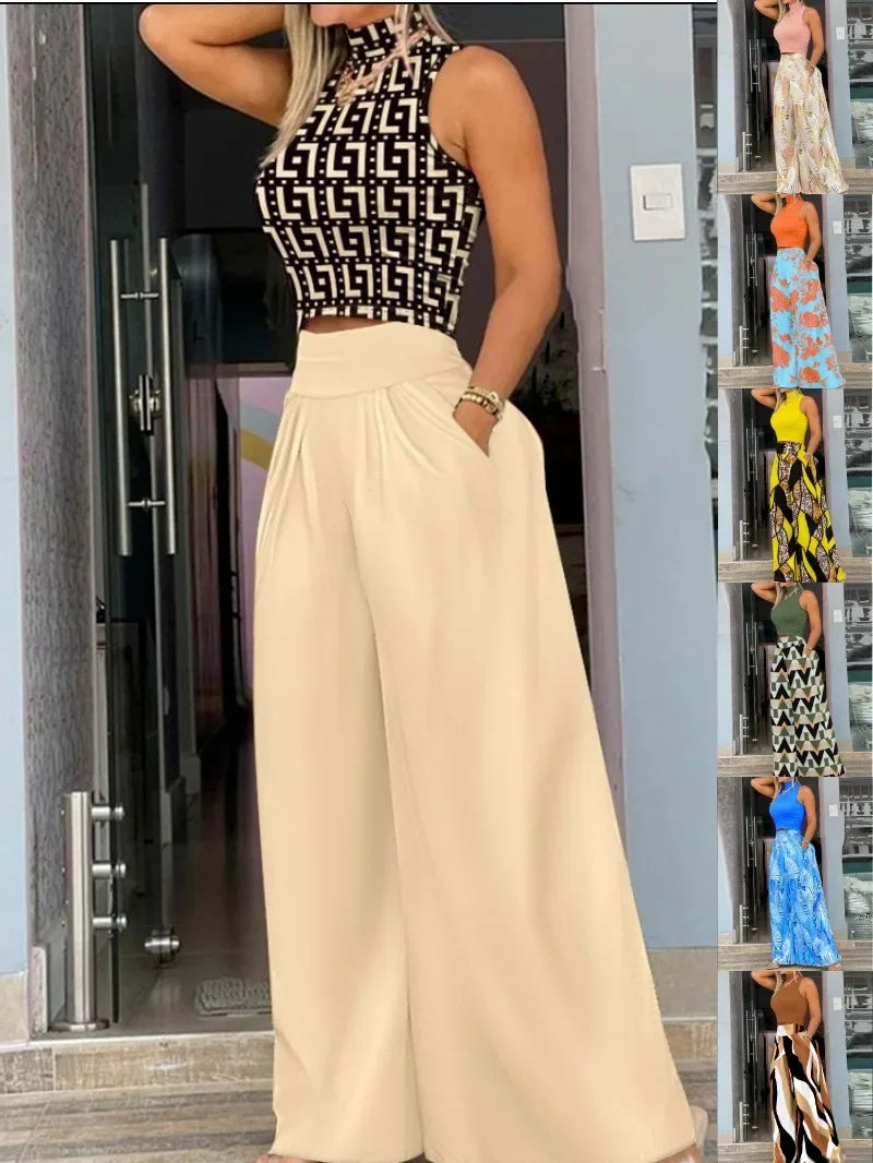 Ladies Elegant Two Piece Pant Set Sleeveless Turtleneck Top Pockets High Waist Wide Leg Pants. S-3x