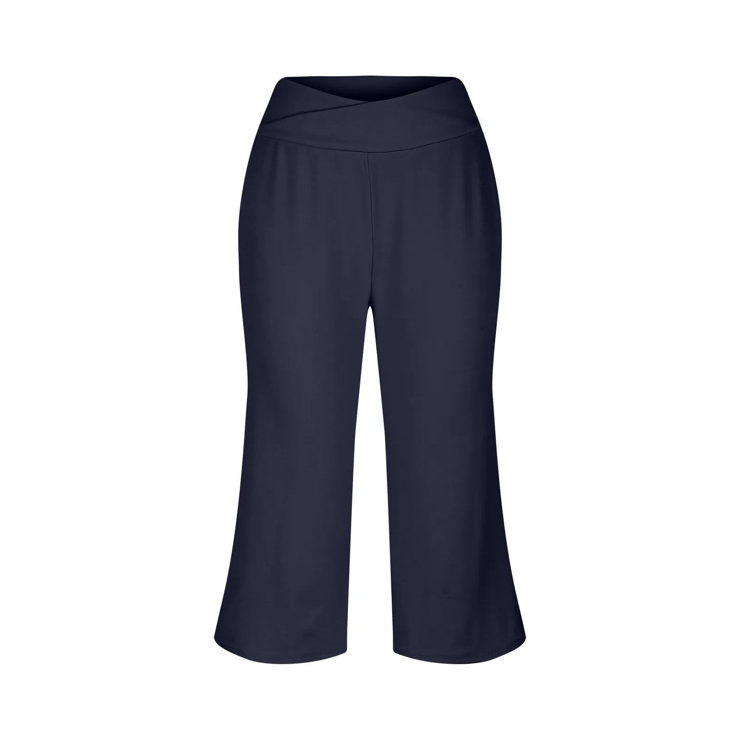 Spring and Summer Women Elastic High Waist 3/4 Pant Solid Casual Active Fit Wide Capri Leg Trousers With Pockets. S-3X