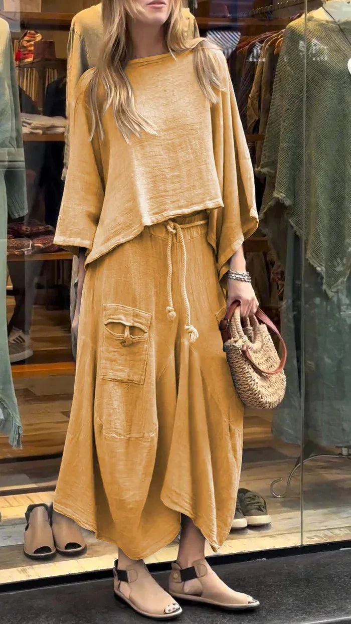 Casual Solid Cotton Linen 2 Piece Sets Women Spring O Neck Top Pullover Belted Skirt Outfit Fall 3/4 Sleeve Loose Suit. S-3x