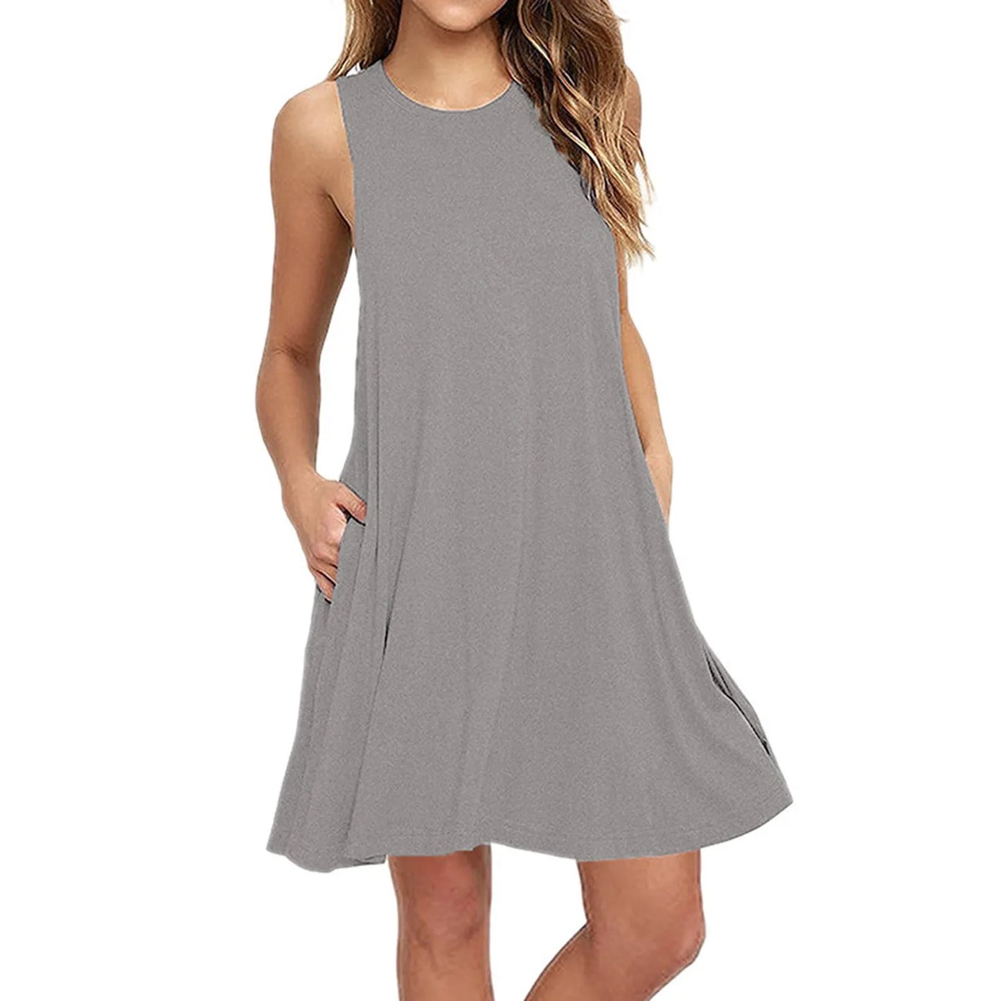 Summer Casual T Shirt Casual Dress Or Beach Cover up Plain Pleated Tank Pocket Dress
