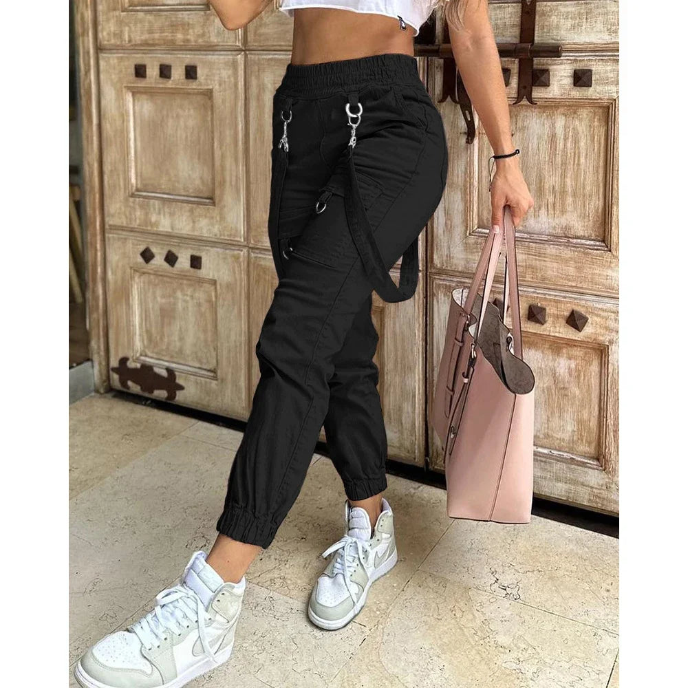 Cargo Pants Casual Trousers Solid Colour Trendy Street-Wear Pocket Design And Suspenders. Sz S-2x