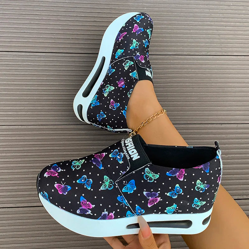 Great For Walking Butterfly Print Platform Sneakers Lightweight Slip On Great For Walking Thick Sole Non Slip Casual Shoe