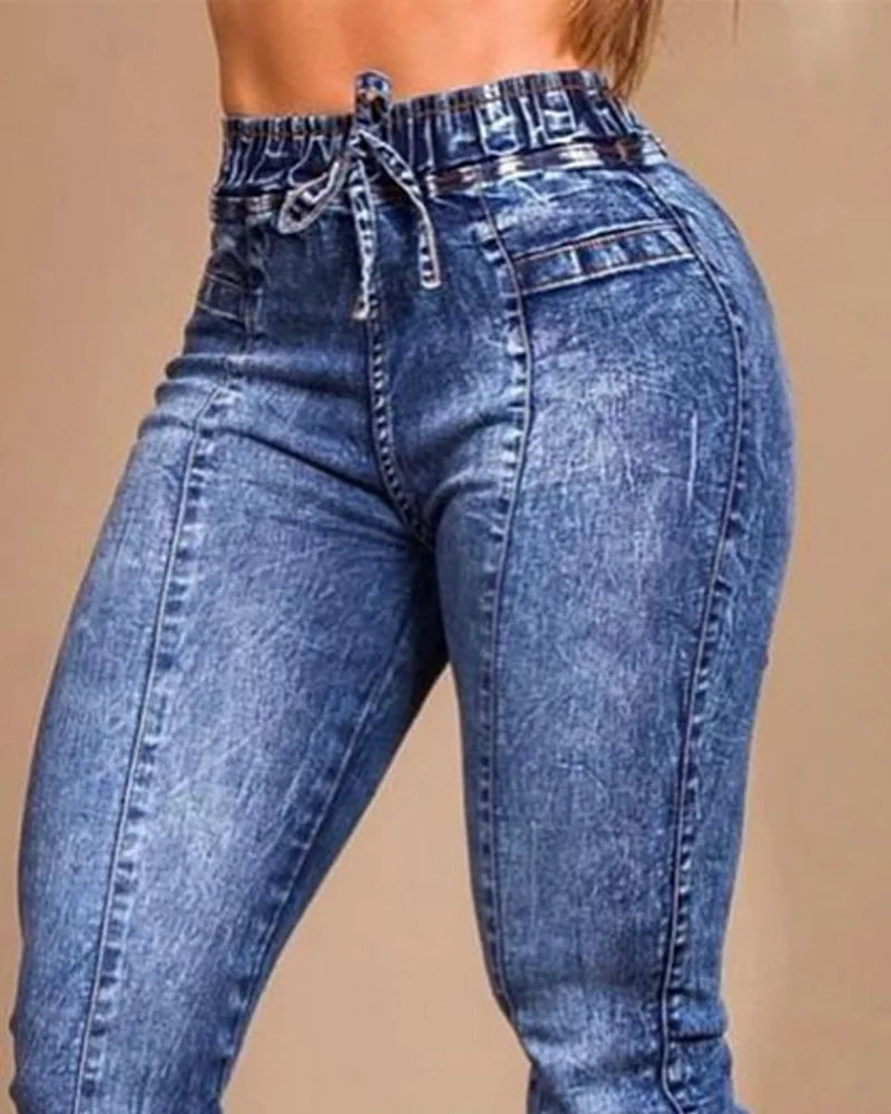 Women Jeans Elastic Waist Solid Colour Pencil Pants Street Wear Casual Slim Fit High Street Flat Zipper.