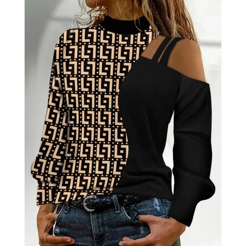 Fashion Sexy Off Shoulder Print Tops Women Elegant O-neck Long Sleeve Blouse. S-3X