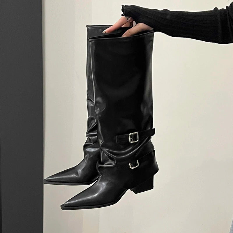 Retro Style Boots Fashion Belt Buckle Autumn Winter Wedge Heel European style