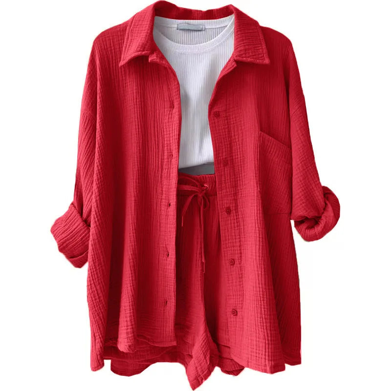 Ladies Shorts And Single Breasted Cardigan Blouse Two Piece Shorts And Loose Button Up. S-2x