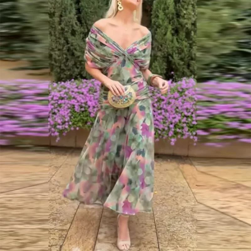 Fashion Printed Slim Draped Party Dress Elegant Lady V Neck Mesh Long Dress Temperament High Waist Dress. Vestidos largos S-2X