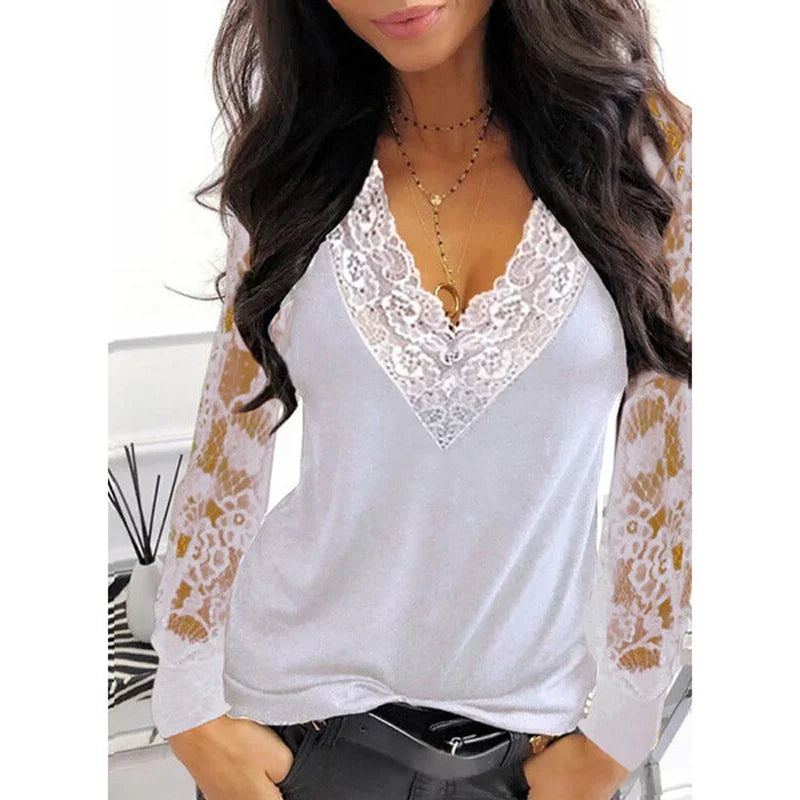 New Ladies Sexy Fashion Lace Slimming V-Neck Shirt. S-3x