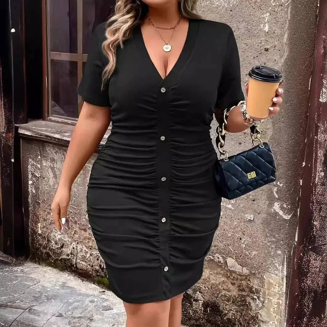 Plus Size Women's Tight Fit Wrap Dress Button Pleated Maxi Dress Fashionable plus Size