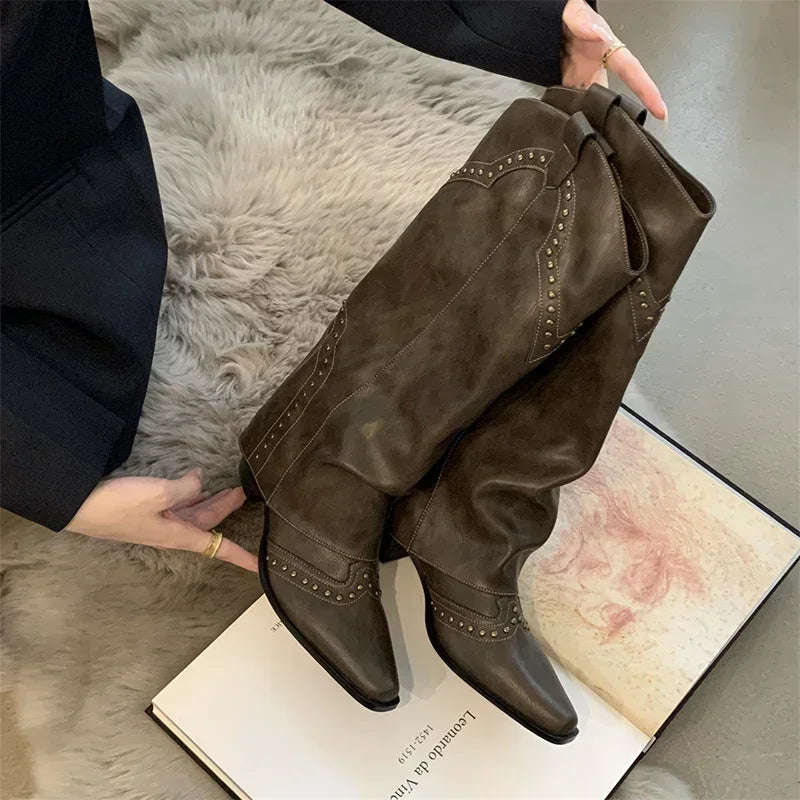 Woman Cowgirl Boots Fashion Slip On Elegant Square Heel