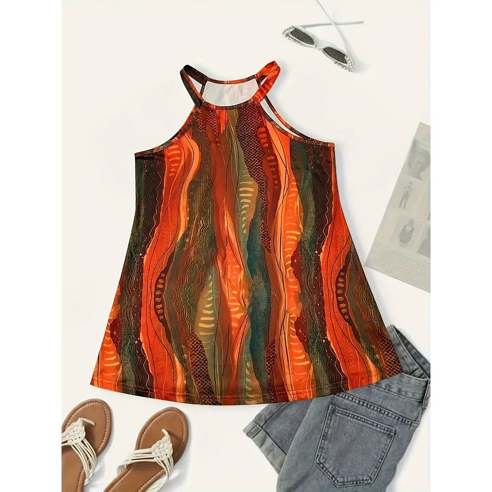 Plus Size 1XL-5XL Women's Print Halter Neck Vintage Sleeveless Halter with Jacquard Cross Solid Strap . 1X-5X