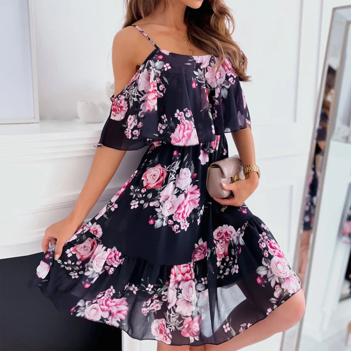 Women'S Spring/Summer New European Chiffon Printed Sexy Off Shoulder Strap Large Swing Ruffle Edge Dress. S-2x