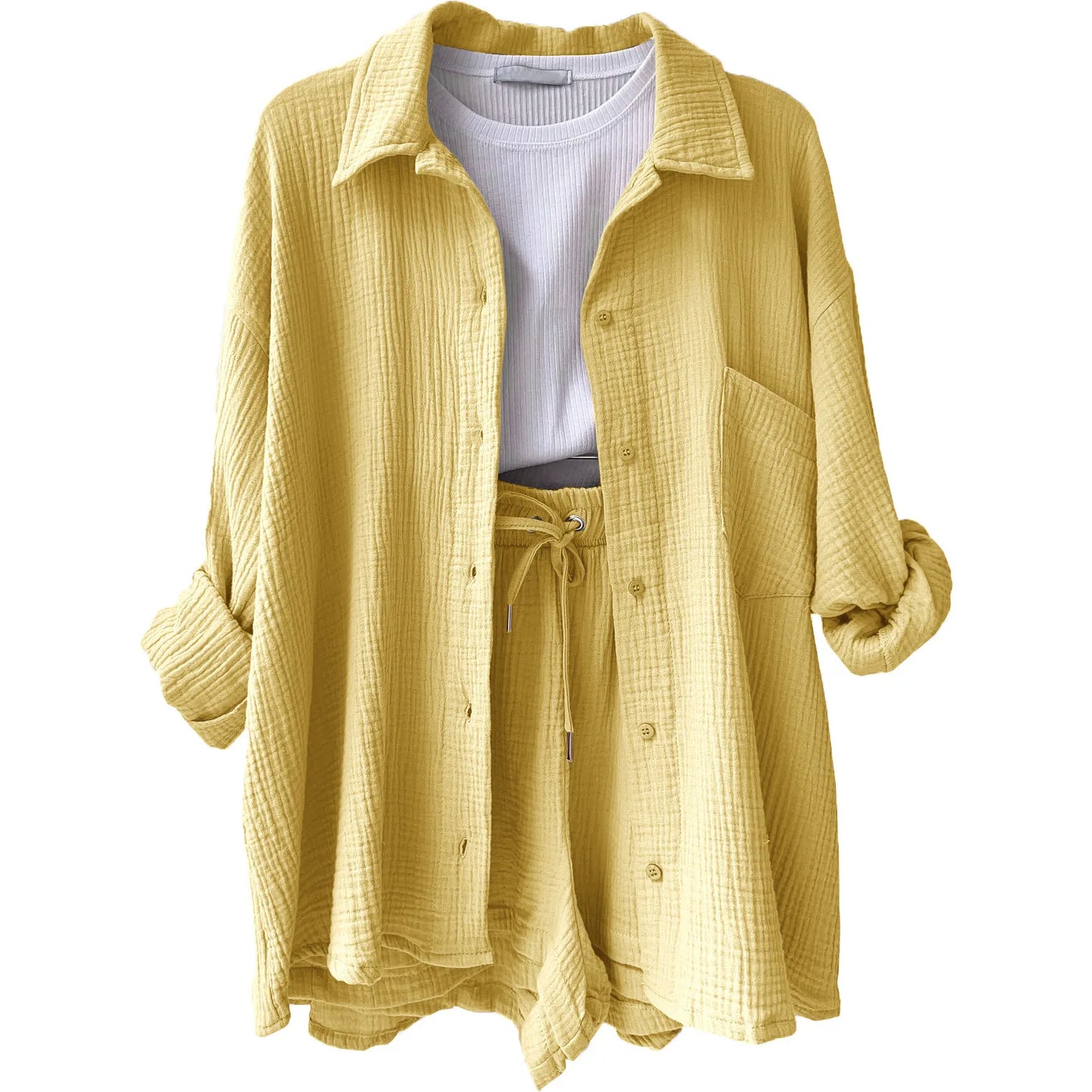 Ladies Shorts And Single Breasted Cardigan Blouse Two Piece Shorts And Loose Button Up. S-2x