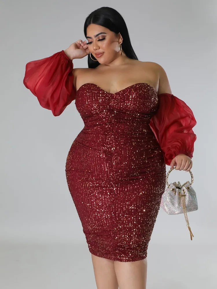 Plus Size Women Sexy Sequin Dress Strapless Solid Party Evening Dress Bodycon Skinny Dress