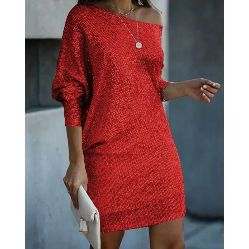 Sexy Slim-Fit Sequined Dress Long Sleeve Off Shoulder Slash Neck Party Formal Dress. S-2X