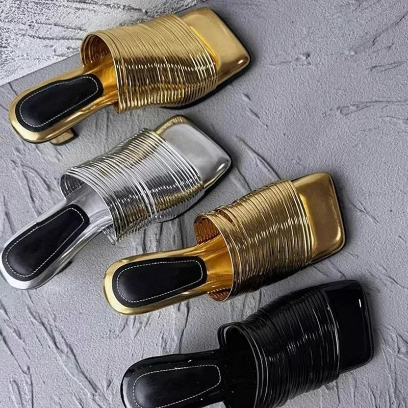 Square Toe Sandals Summer Shiny Solid Colour Heel Sandals