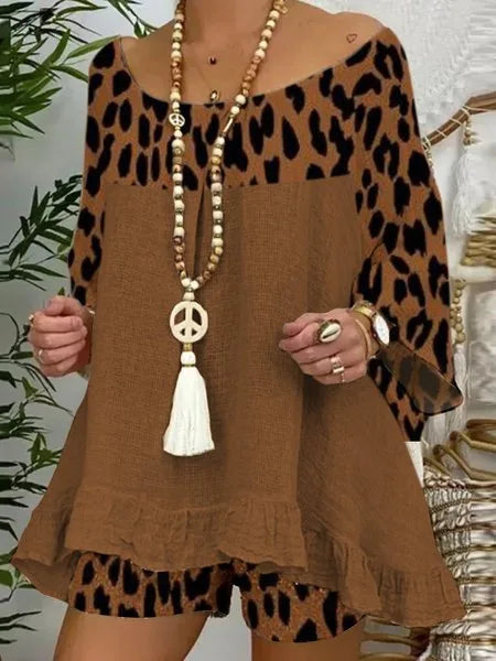 Women 2025 2 Piece Spring Summer Bohemian Casual Leopard Print Loose Fit Outfit. S-3XL