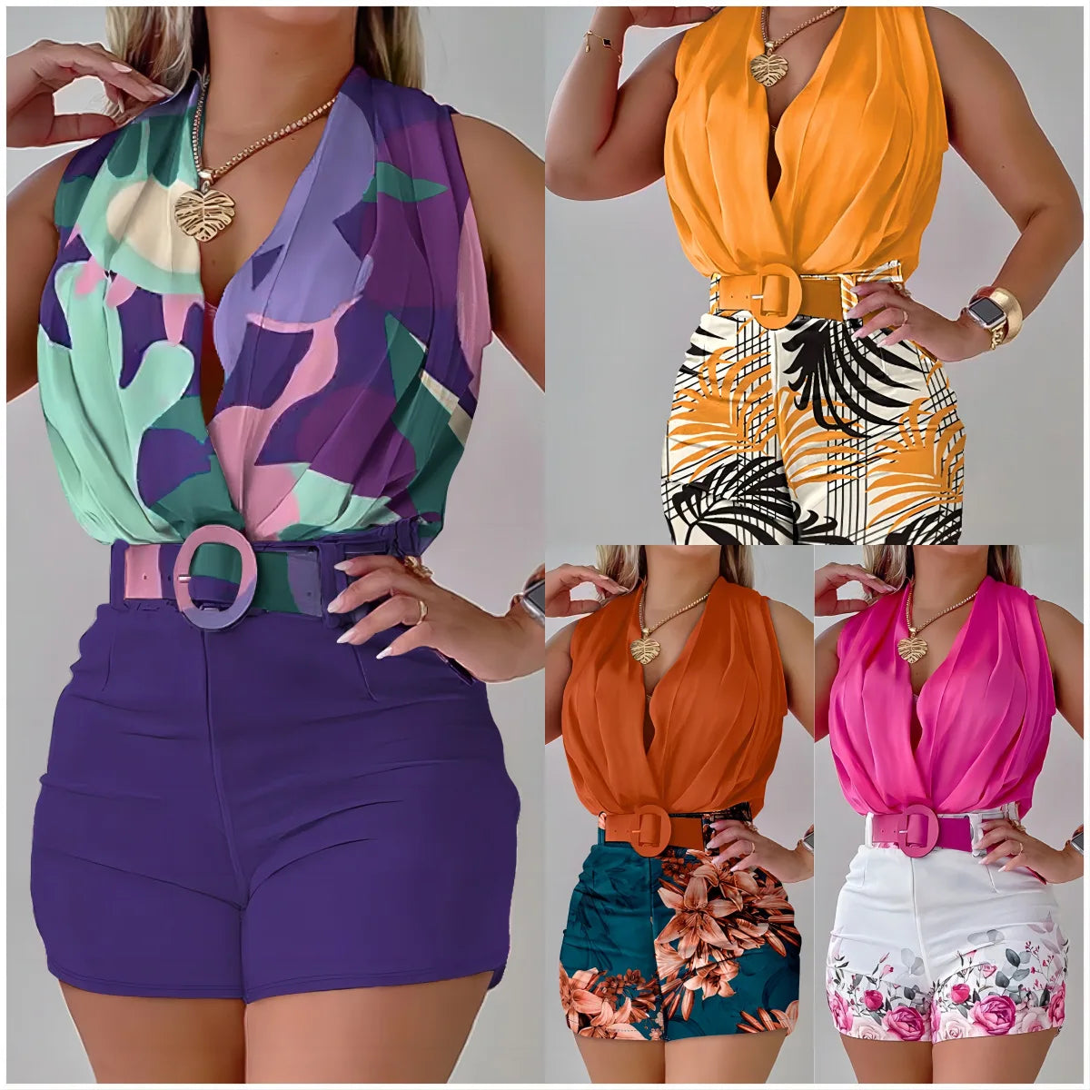Summer Ladies Two Piece Fashion Sleeveless Halter And Printed Short Shorts. S-2x