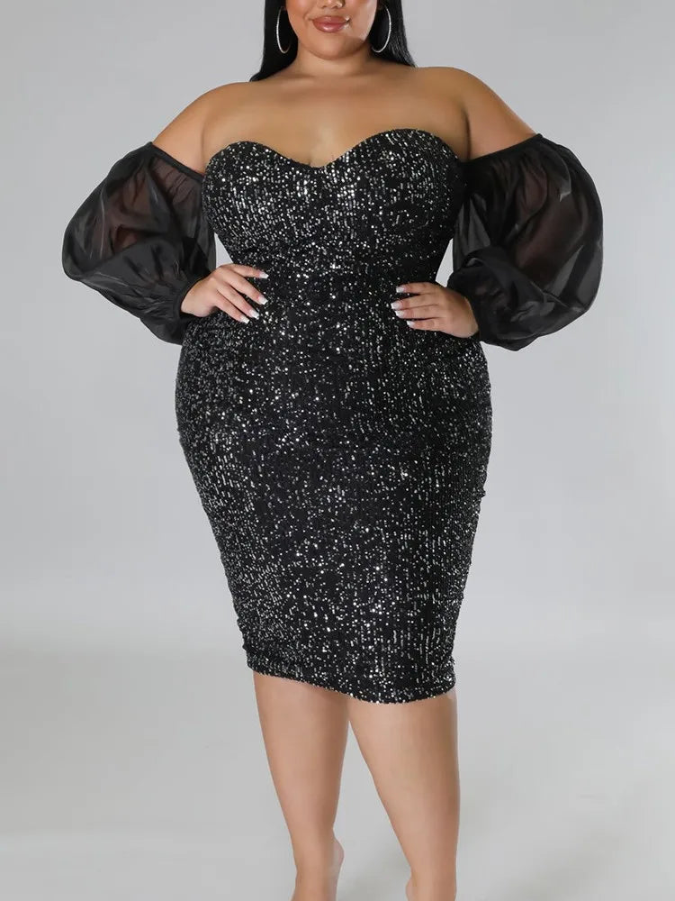 Plus Size Women Sexy Sequin Dress Strapless Solid Party Evening Dress Bodycon Skinny Dress