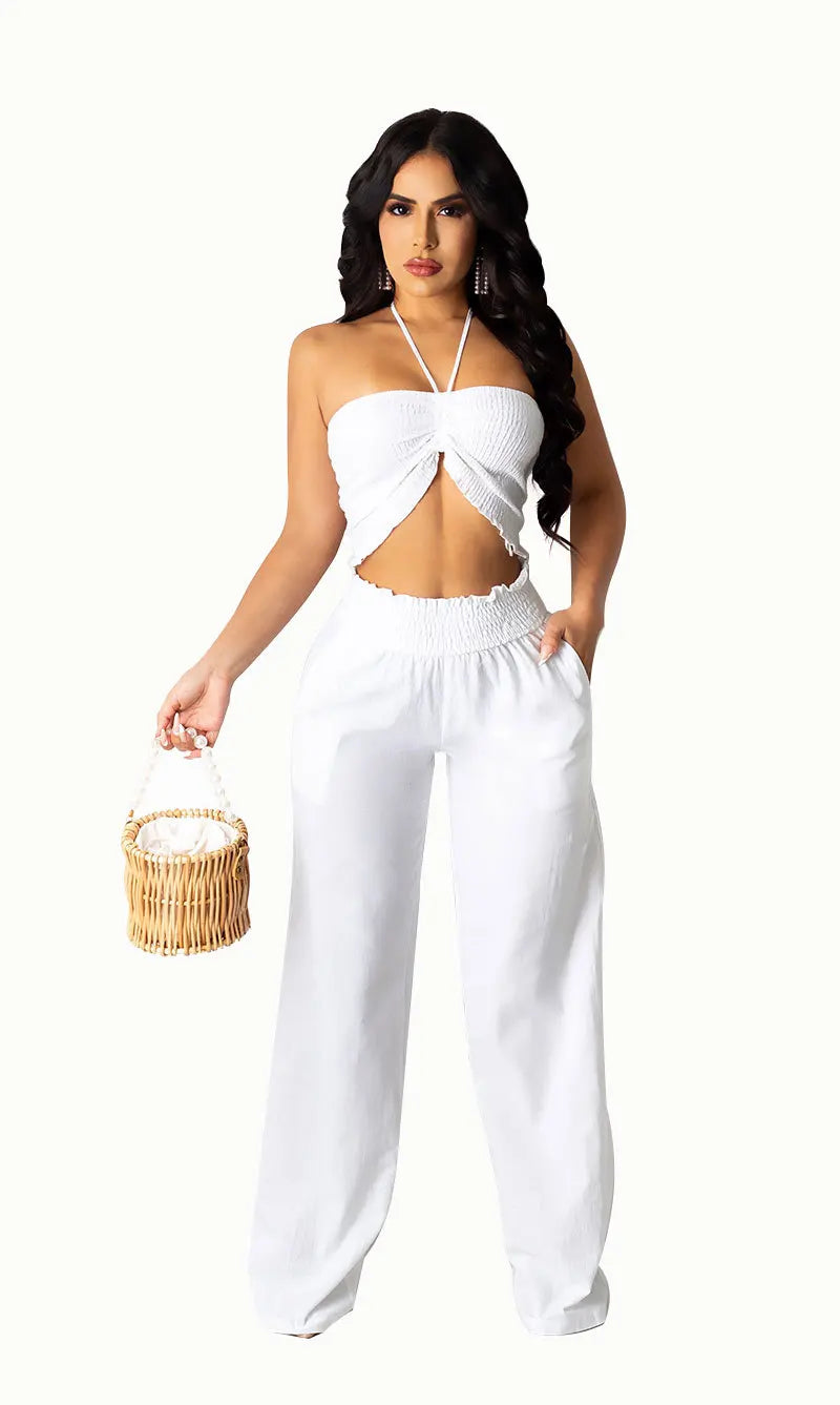 Women Two Piece Sets Halter Matching Sets Backless Short Top Wide Leg Long Pants Elastic Waist Casual Wear