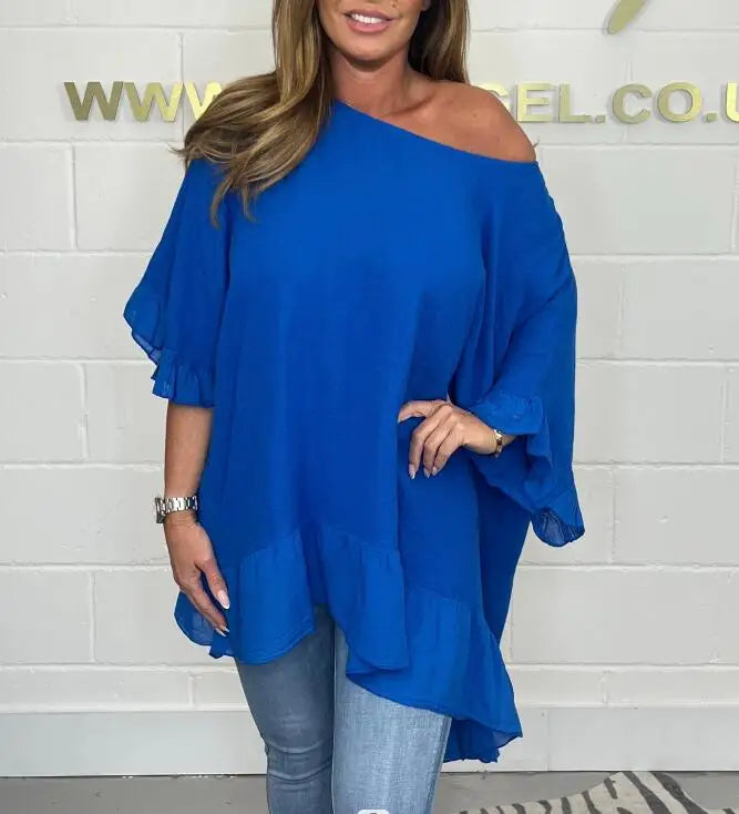 Plus-size women's Blouse ruffled fashion elegant bat sleeve loose solid colour. L-5X
