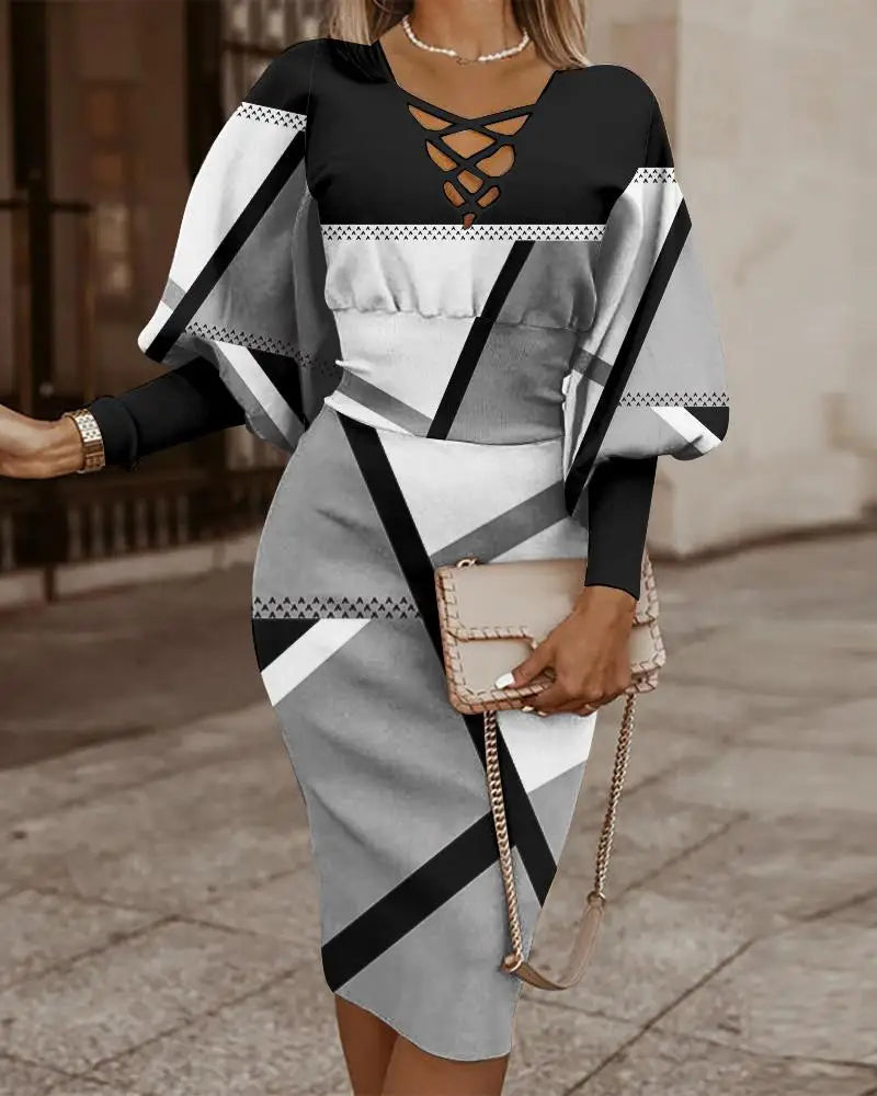 Women's Elegant V-Neck Long Sleeve Dress - Slim Fit Autumn Winter Waist Dress S-2X