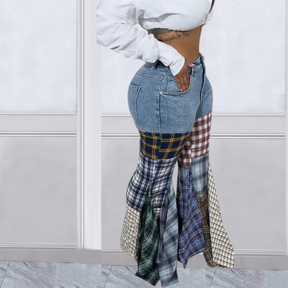 Women Jeans 2025 Fashion Spliced Hounds tooth Denim Ruffle Edge Flared High Waist Jeans. Sz S-3xl