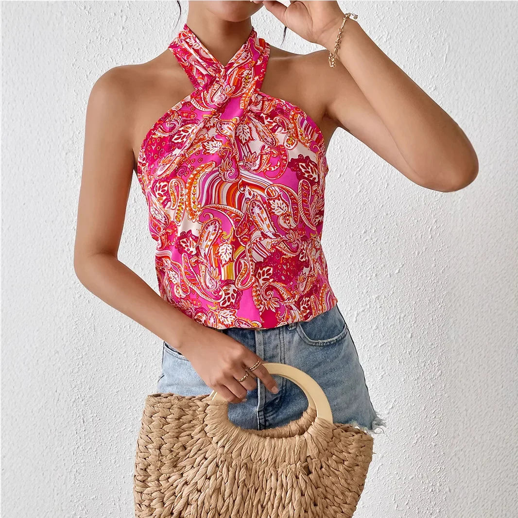 Floral Print Cross-Over Neck Sleeveless Sexy Floral Patterned Strapless Summer Casual Women's Top. S-XL