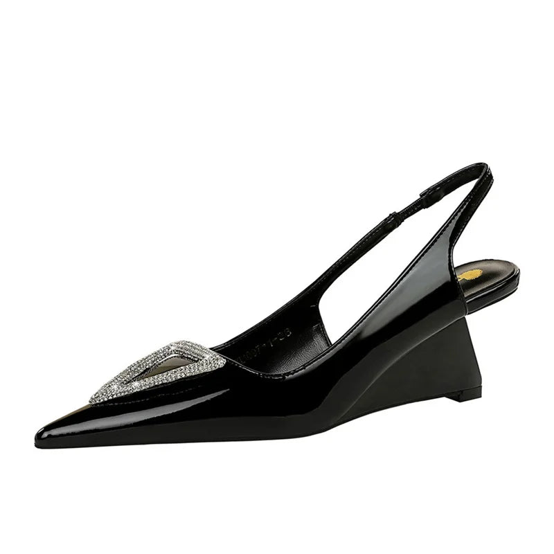 Women Wedge Shoe High Heel Pointed Toe, Back Straps Patent Leather Triangle Metal Crystal Buckle Pumps