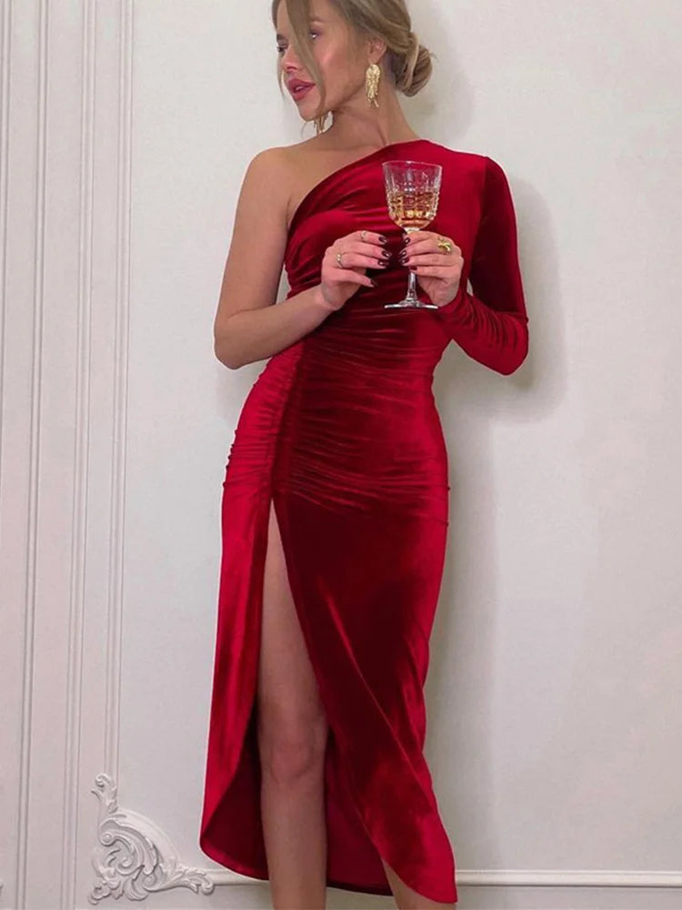 Elegant Long Sleeve Party Evening Velvet Bodycon Dress.