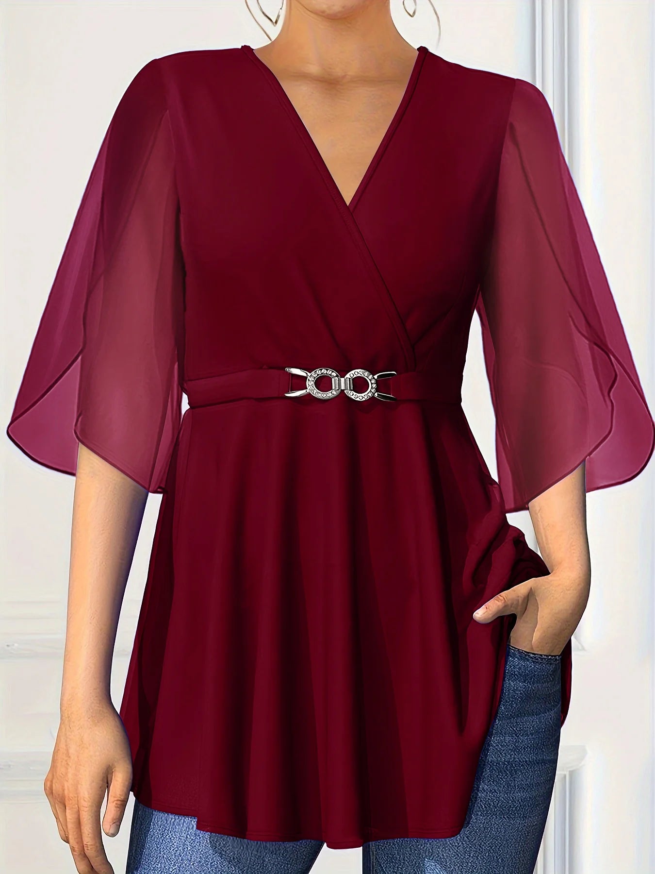 Flare Sleeve Chiffon V-neck Waist Cinched Short Sleeve Casual Blouse.