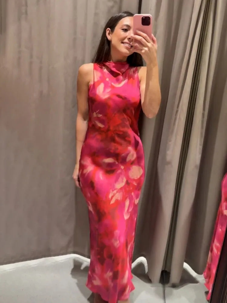 TRAFZA Women 2025 Spring New Silk Satin Texture Print Sleeveless Midi Dress Female Light Luxury Elegant Slim Long Dress Mujer