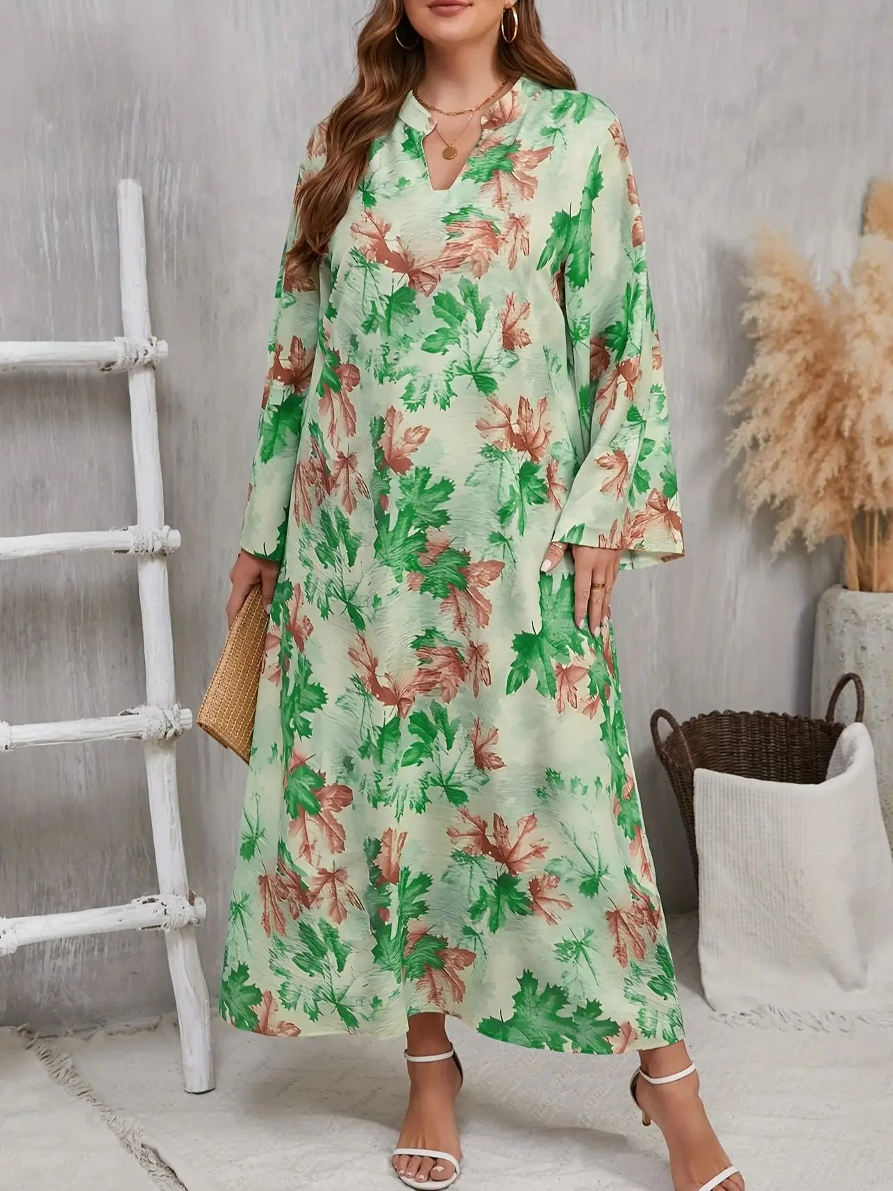 Plus Size 1XL-5XL V-neck Dress Beautiful Maple Leaf Print Loose Straight Elegant Dress