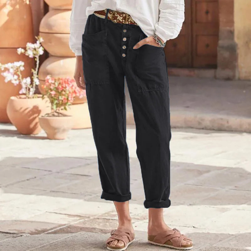 Women's New Casual Pants With Button Cotton And Linen Loose Casual Solid Colour Comfortable Loose Fit Cropped Pants. S-3X